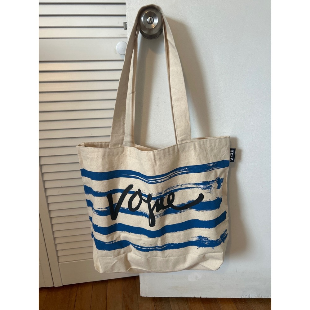 Vogue Striped Canvas‎ Tote Bag Blue White Casual Beach Travel Everyday
